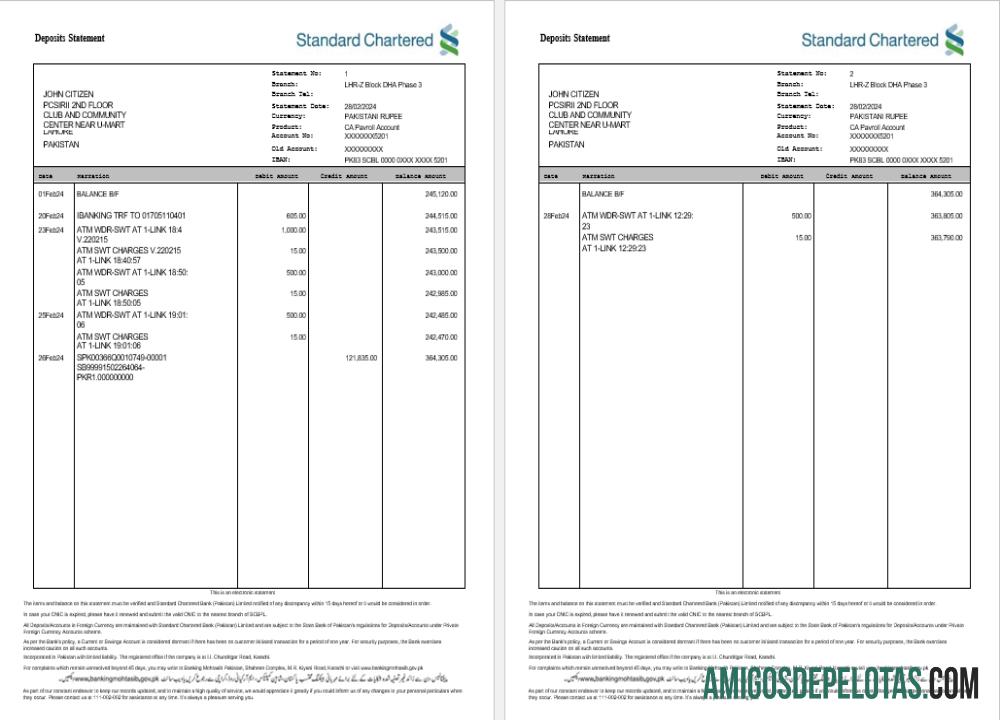 Modelo de extrato bancário INDIA STANDARD CHARTERED para download, formato Word e PDF